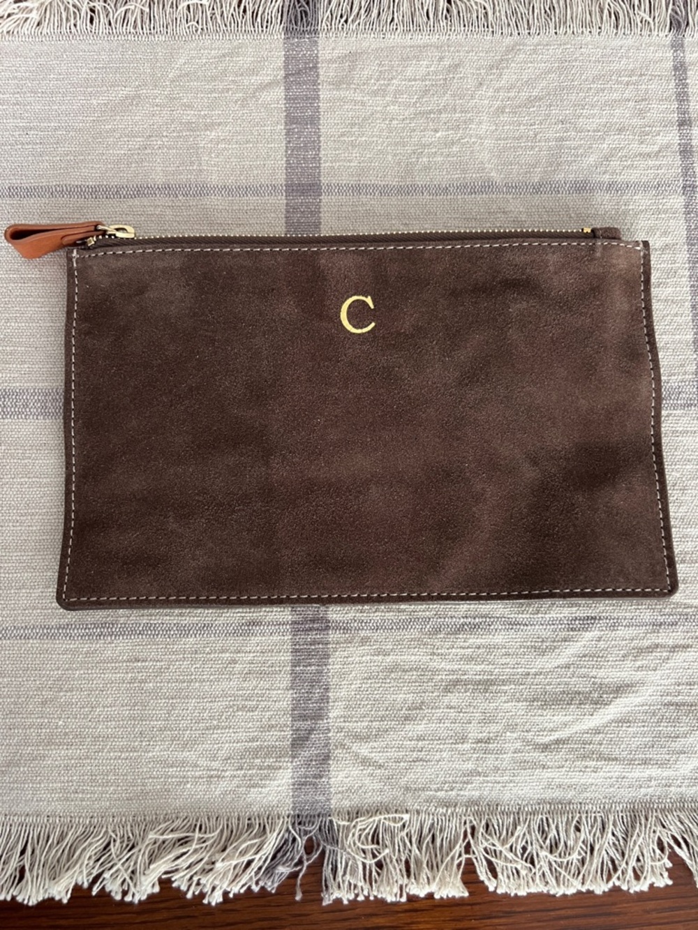 Classic Suede Zip Toiletry Pouch - Brown with Gold 'C'